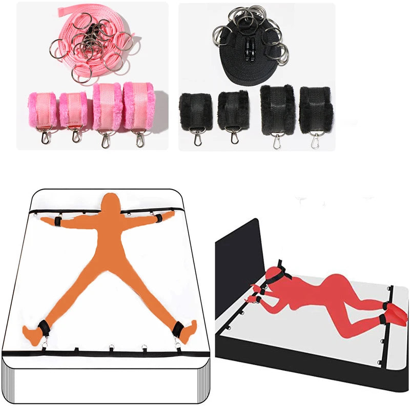 Bed BDSM Bondage Restraint Set for Couples | Nylon Handcuffs & Ankle Cuffs